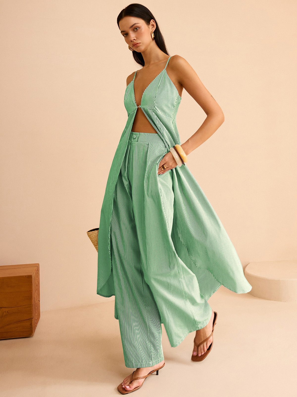 Gestreepte Lange Cami Top & Wide Leg Broek Set