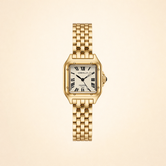 Elegante gouden horloge met subtiele schakelstructuur