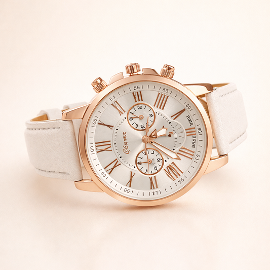 Elegante roségouden horloge met een subtiele parel
