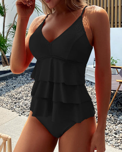 Lia - Effen Badpak met Elegante Volants