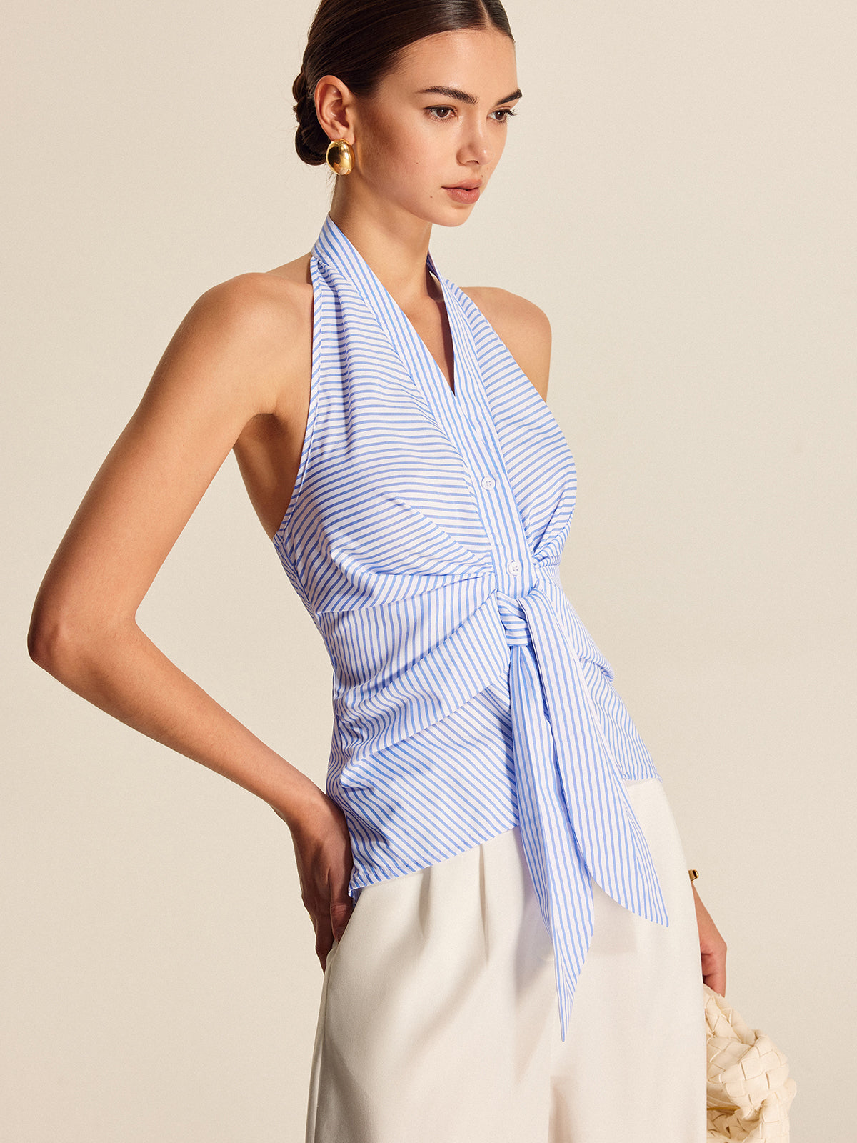 Gestreepte Halter Top met Striksluiting