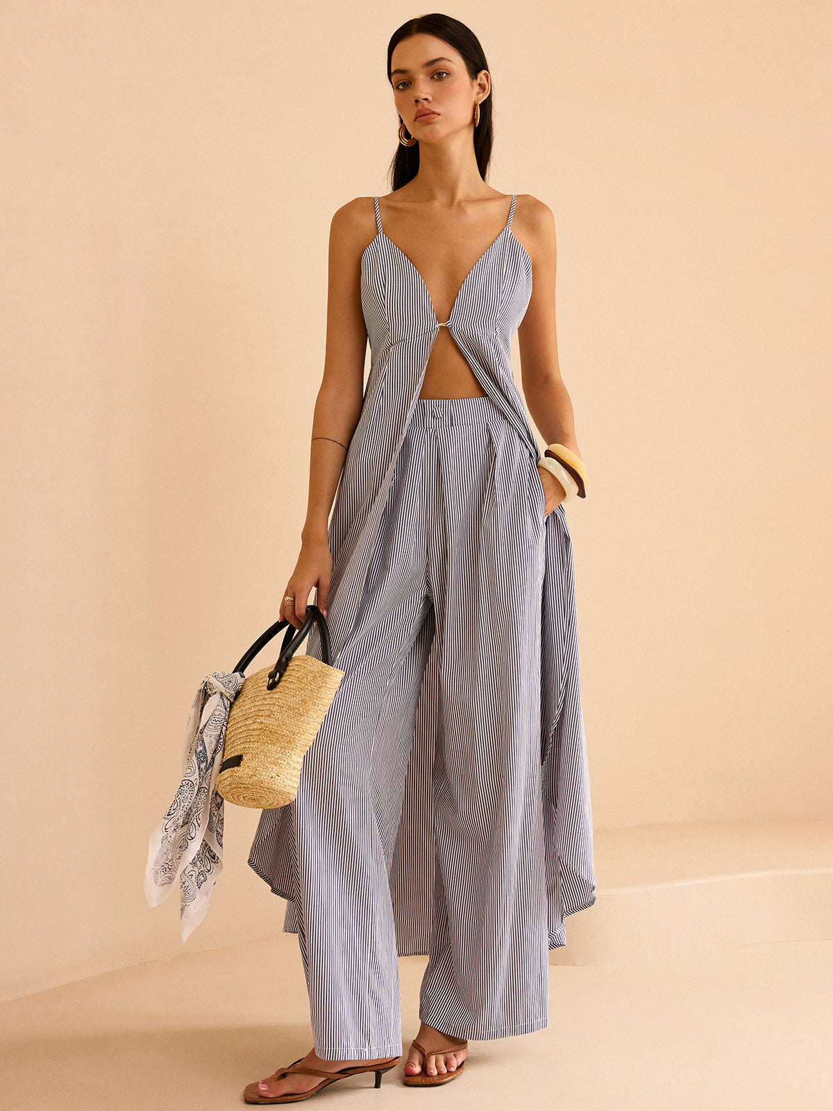 Gestreepte Lange Cami Top & Wide Leg Broek Set
