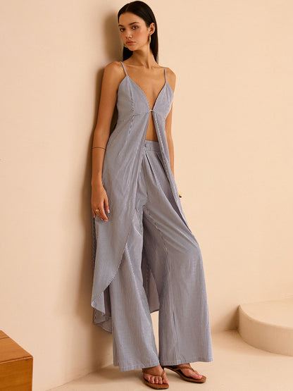Gestreepte Lange Cami Top & Wide Leg Broek Set