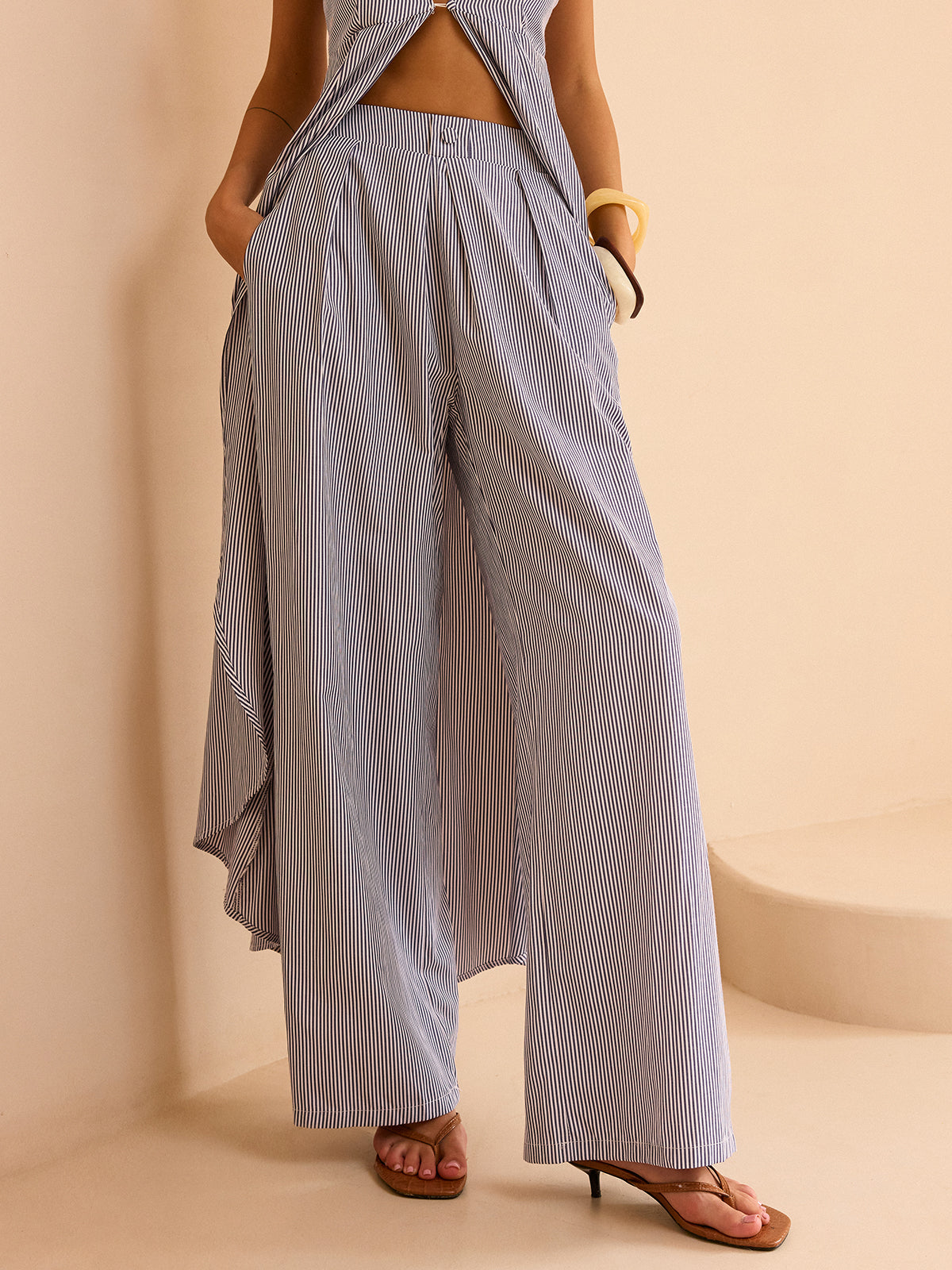 Gestreepte Lange Cami Top & Wide Leg Broek Set