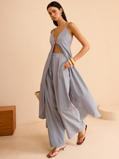 Gestreepte Lange Cami Top & Wide Leg Broek Set