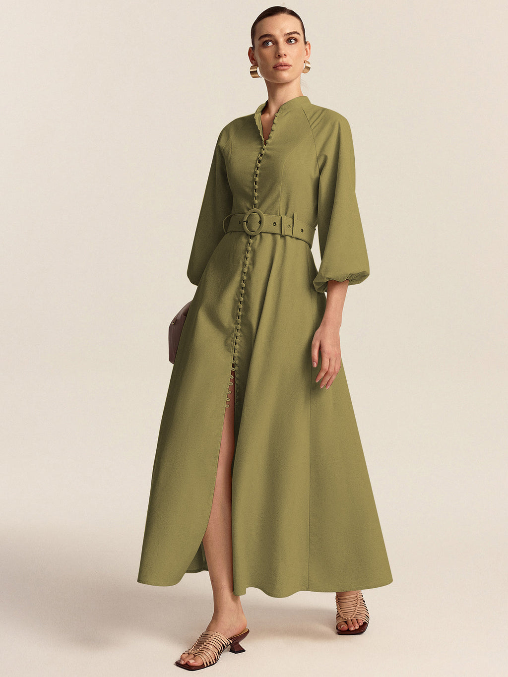 Maxi Dress with Button Placket and Waistband