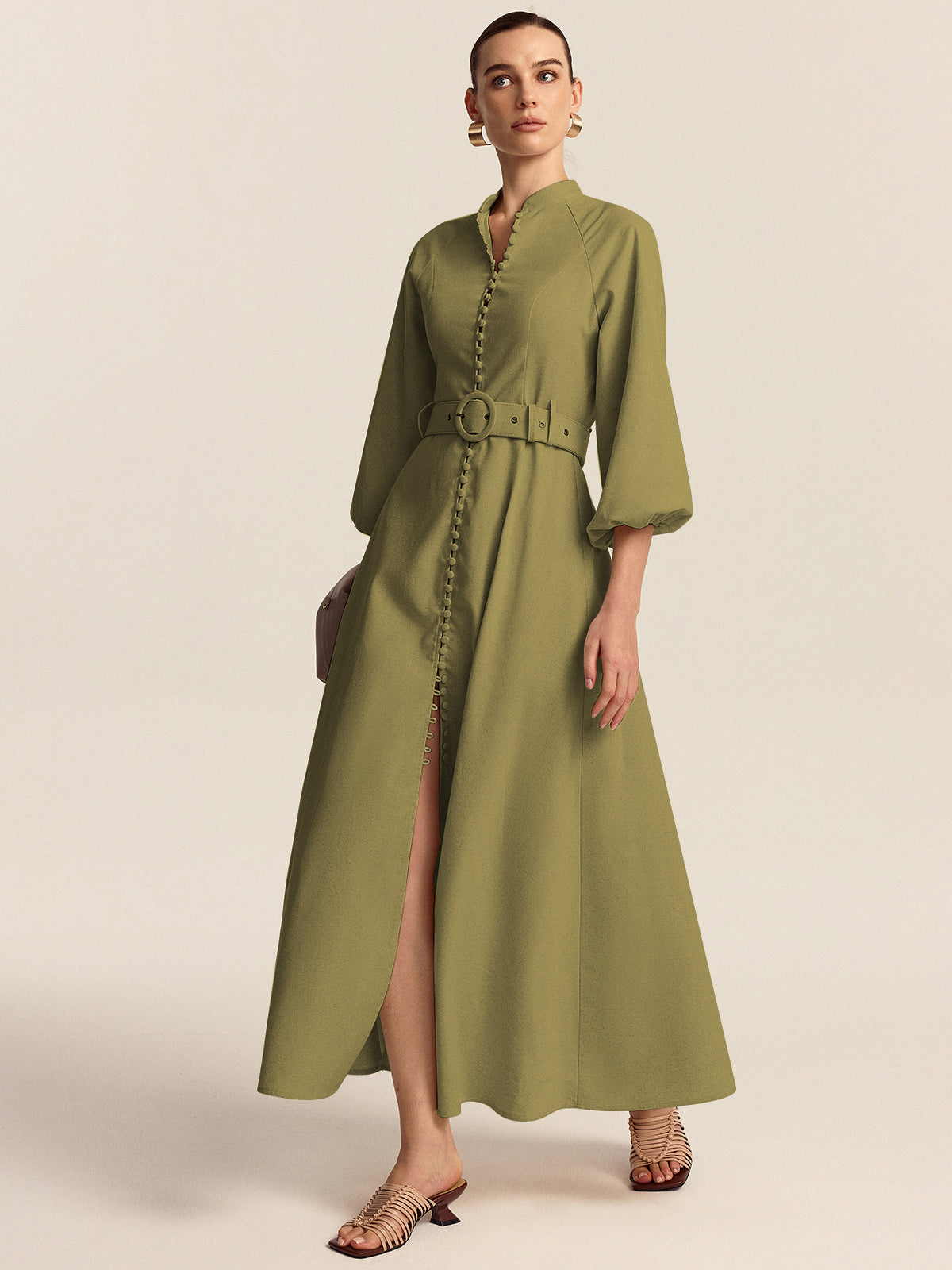 Maxi Dress with Button Placket and Waistband