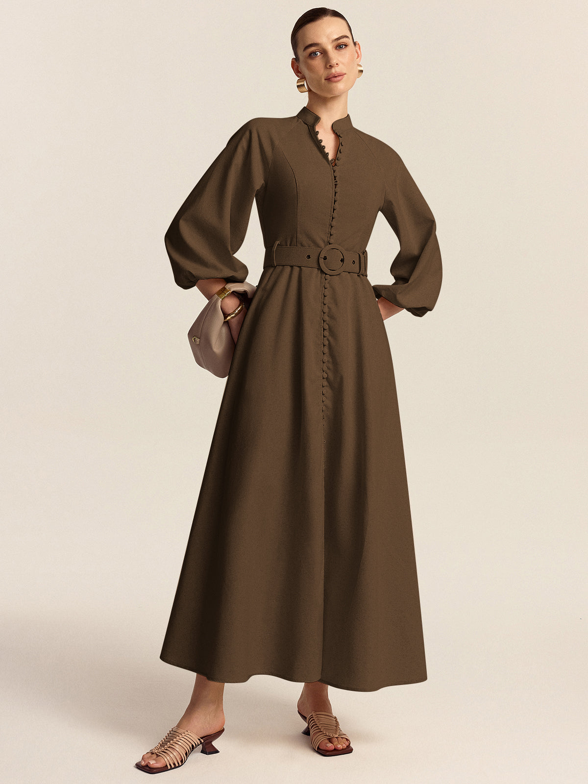 Maxi Dress with Button Placket and Waistband
