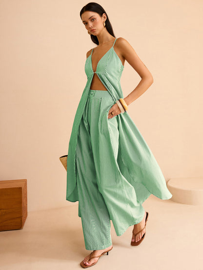 Gestreepte Lange Cami Top & Wide Leg Broek Set