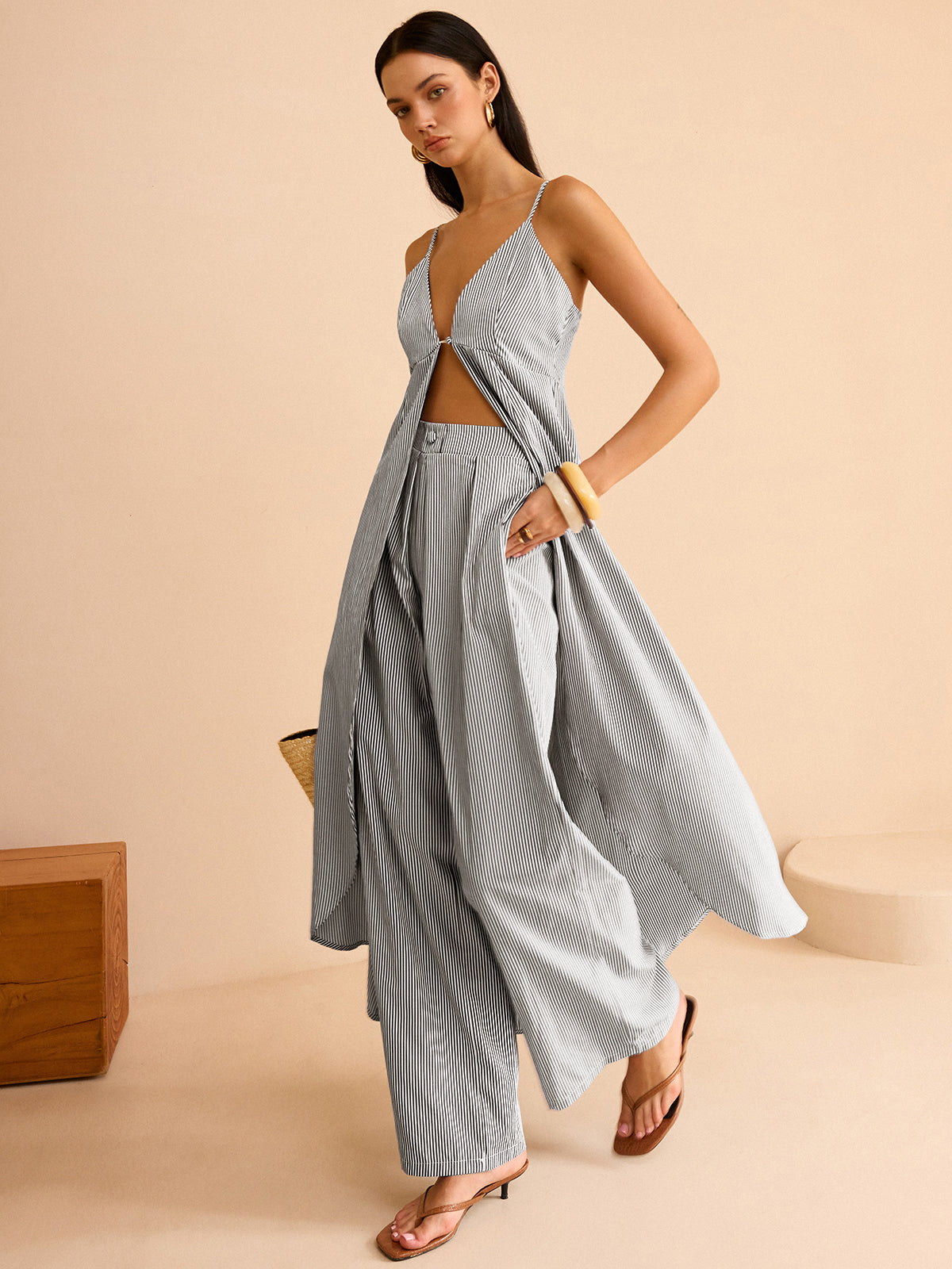 Gestreepte Lange Cami Top & Wide Leg Broek Set