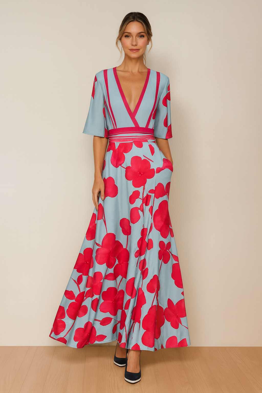 Xenovia – Bloemen Maxi Jurk met V-hals Design