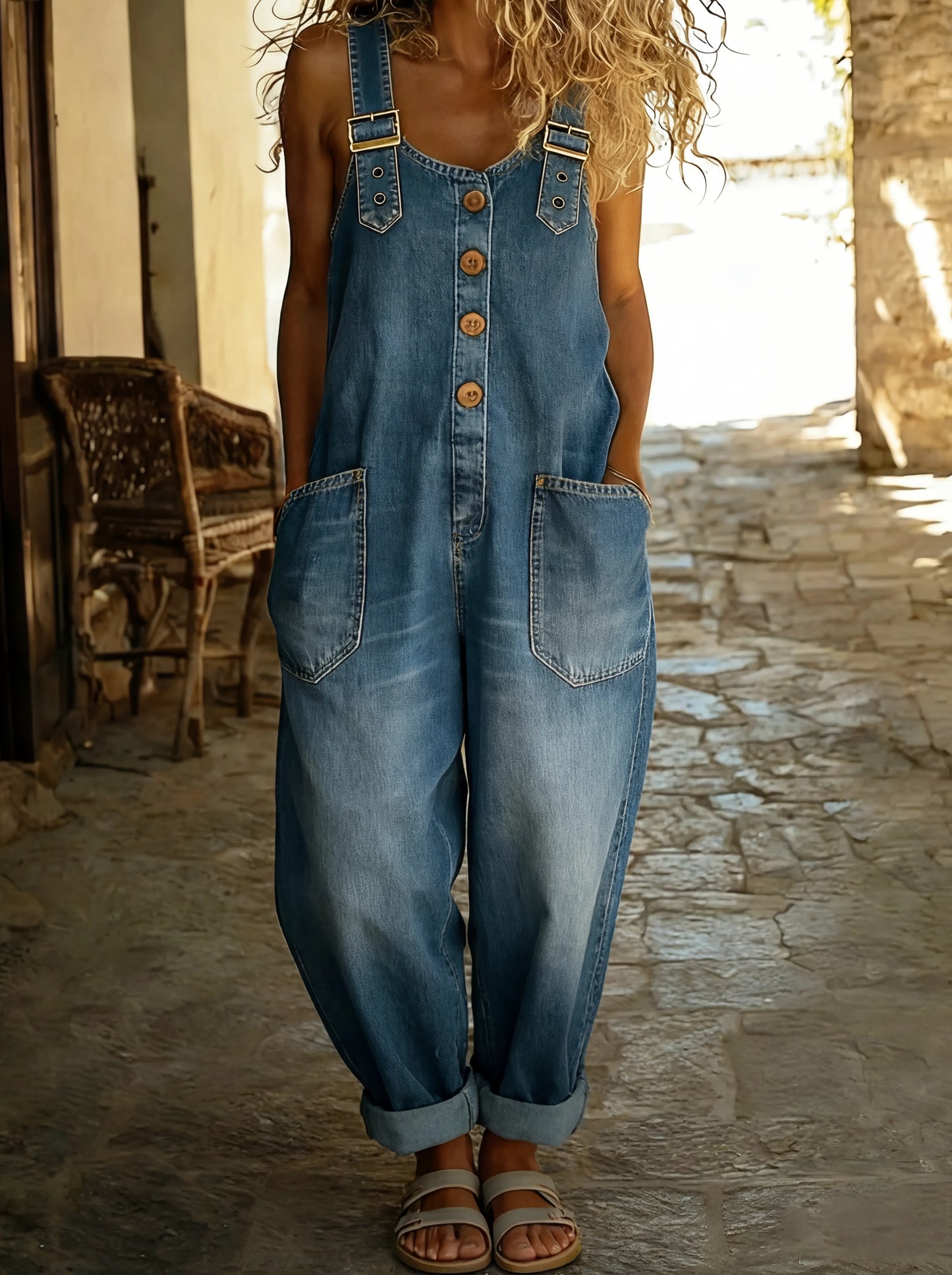 Lovas  - Casual denim jumpsuit met verstelbare gesp.