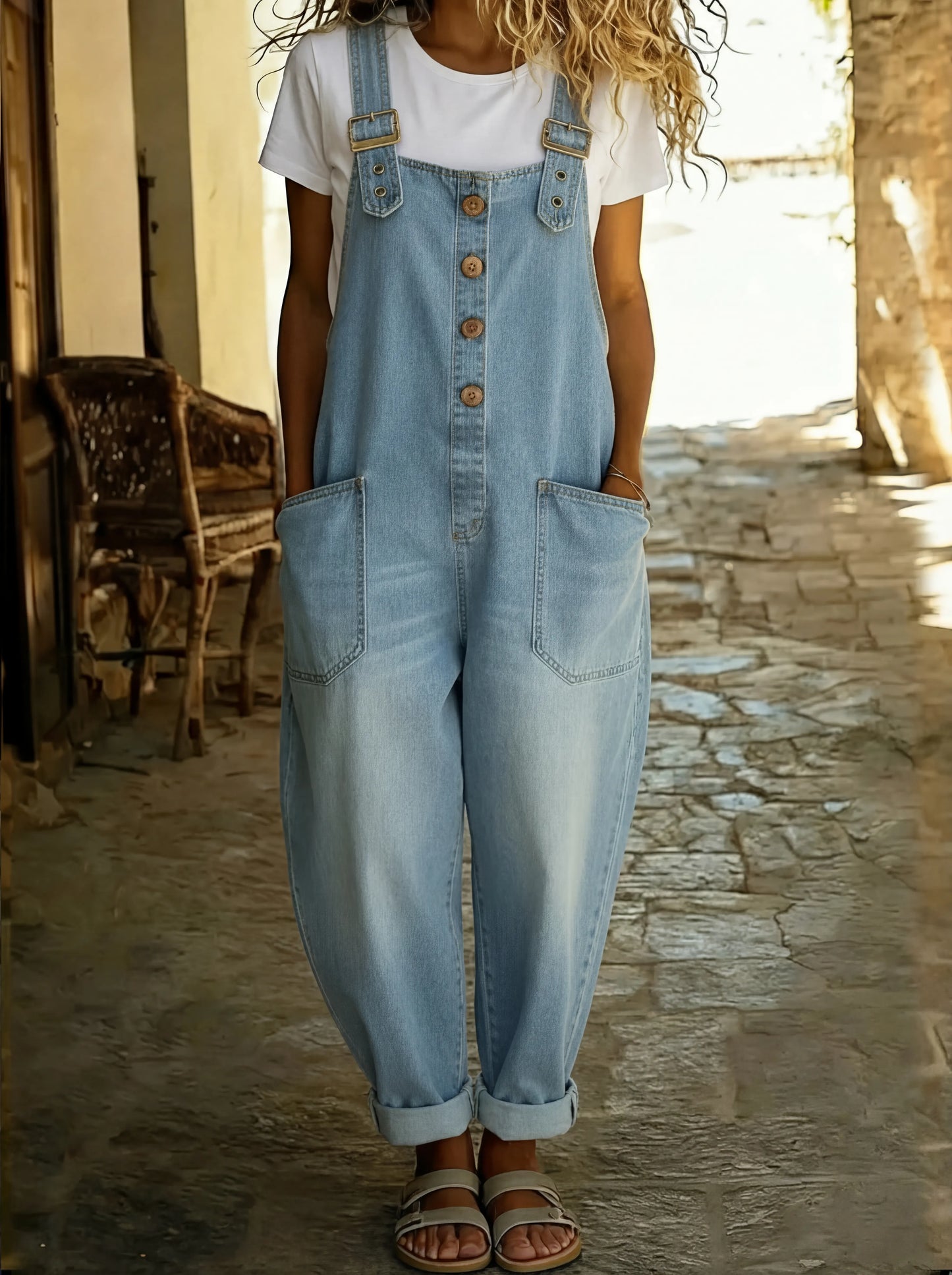 Lovas  - Casual denim jumpsuit met verstelbare gesp.